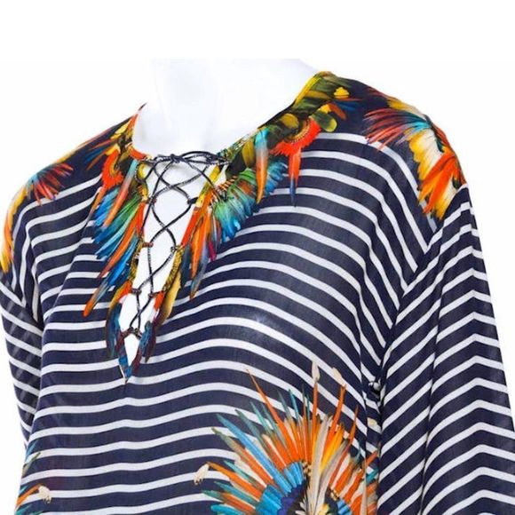 Vintage JEAN PAUL GAULTIER SOLEIL Striped Tunic w/Parrot Feather Printed Accents - Picture 3 of 6